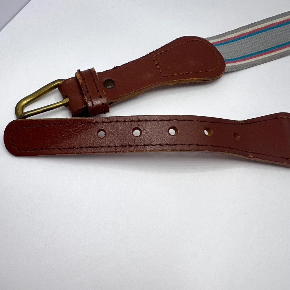 Vintage Gray Striped Webbing‎ Belt Unisex 38/39 Leather Trim Brass Buckle Preppy